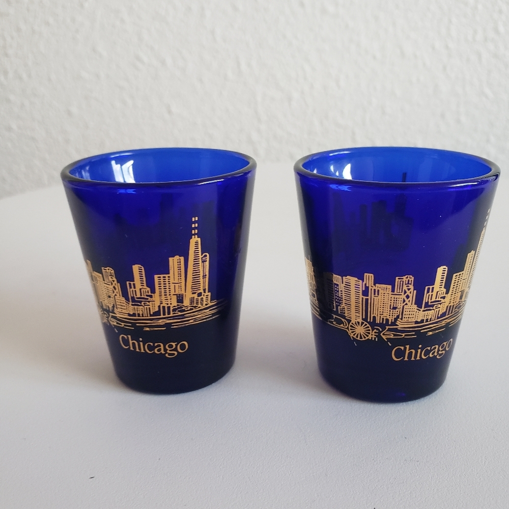 Vtg Libbey?Cobalt Blue 22K Gold 2 Shots Glass Chicago Skyline Culver Souvenir